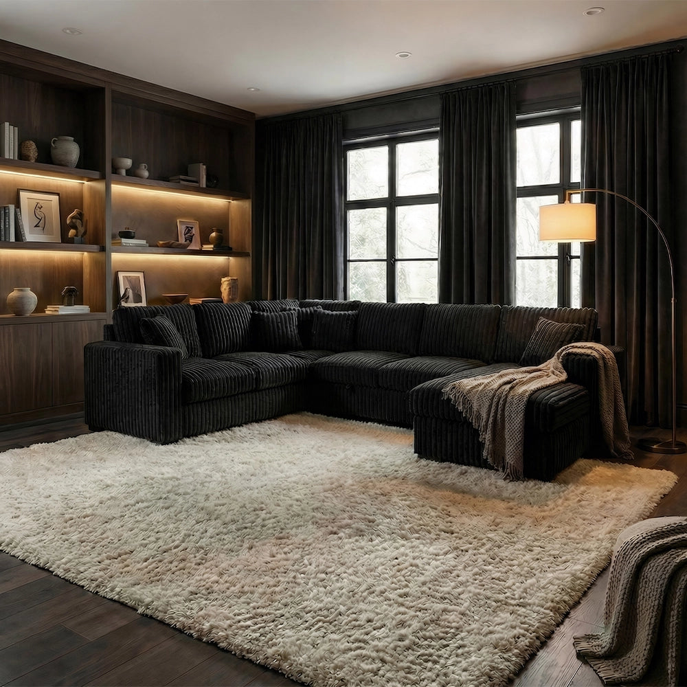 Paris Contemporary Corduroy 4-Piece Sectional with Chaise (Black or Mist Bliss)