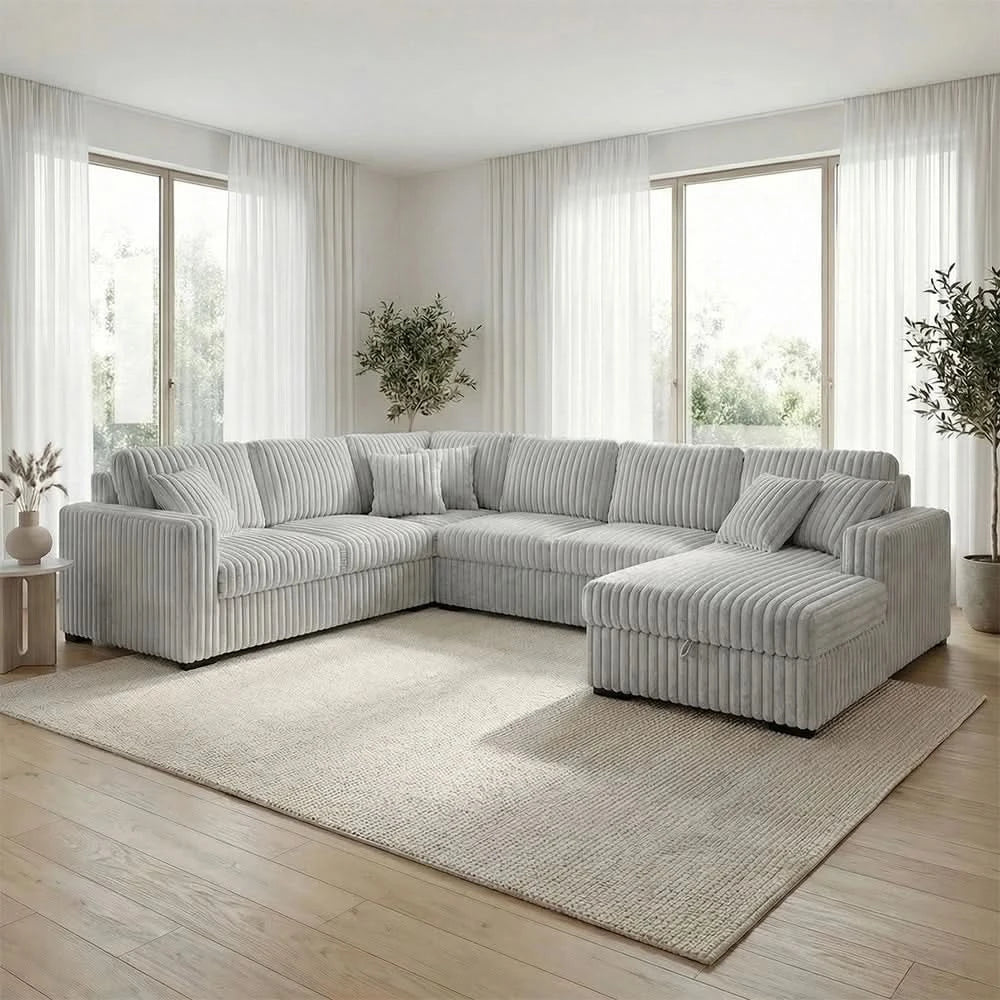 Paris Mist Grey Contemporary 4-Piece Corduroy Sectional with Chaise