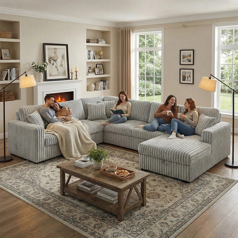 Paris Mist Grey Contemporary 4-Piece Corduroy Sectional with Chaise