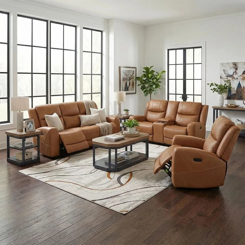 Pauline Butternut Brown Power Reclining Sofa and Loveseat with Power Headrests