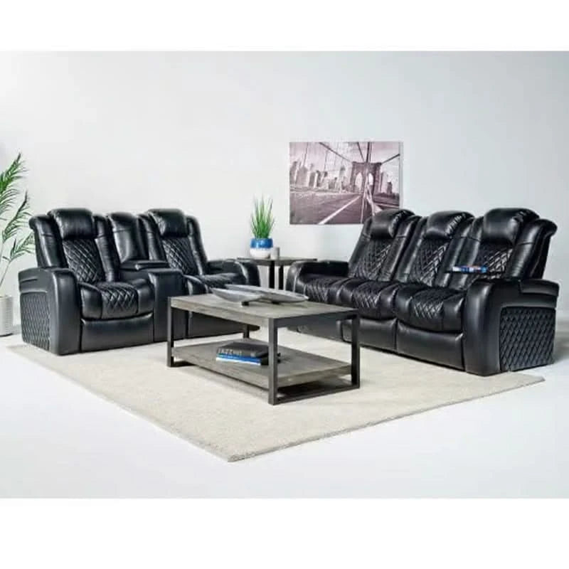 Pinnacle Black Dual Power Reclining Living Room Set Includes Sofa and Loveseat with Dropdown Table & LED Lights