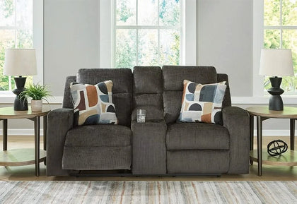 Piper Grey Reclining Console Loveseat with Storage & Cup Holders