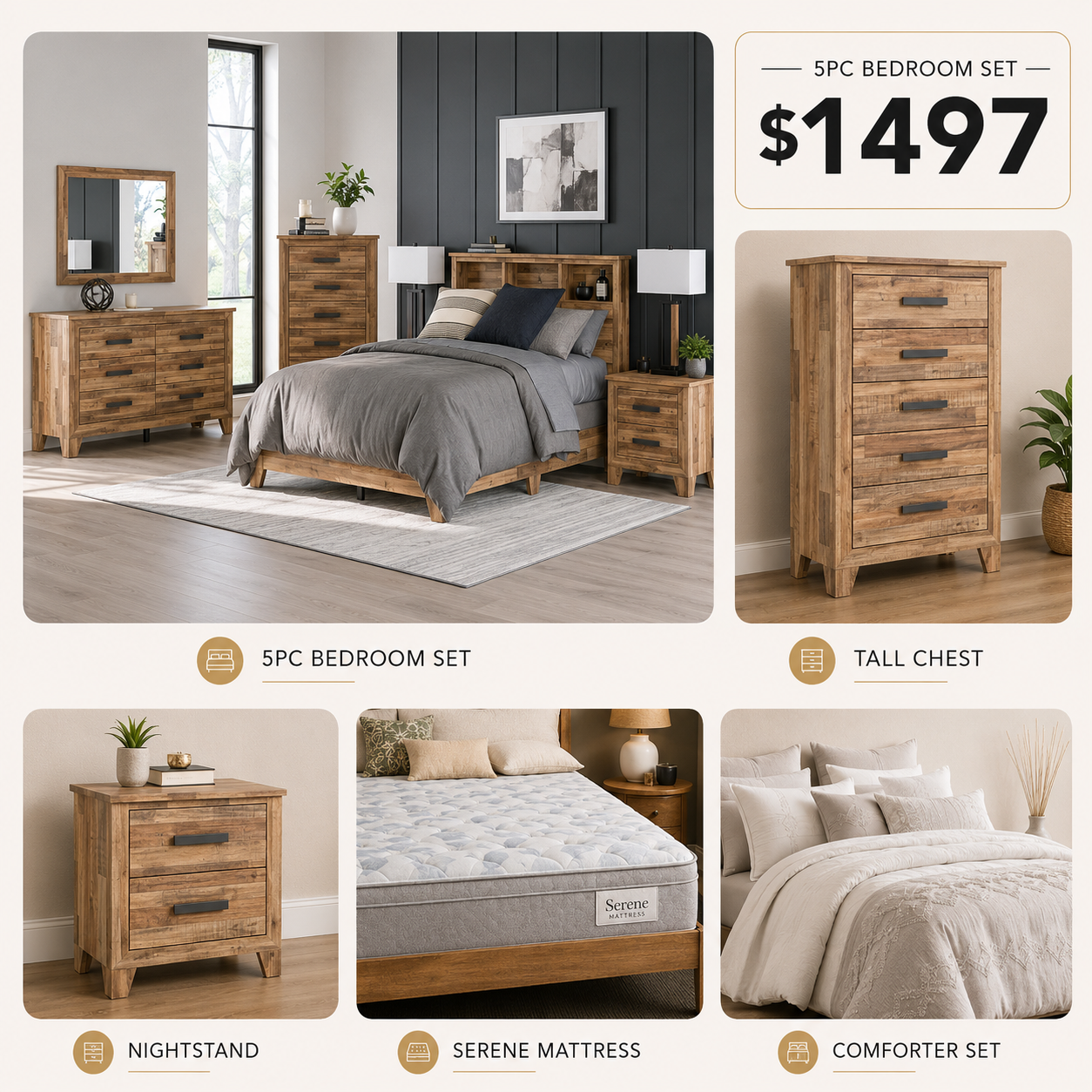 Porto Brown Contemporary 9PC Queen Bedroom Package with Mattress & Comforter Set