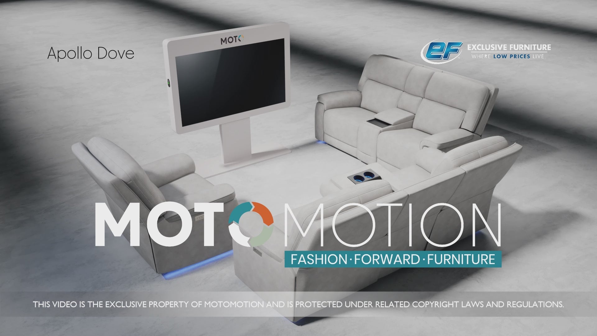Load video: Moto Motion Apollo Dove Light Gray Power Reclining Sofa with Immersive Sound