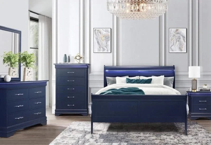 Charlie Blue Twin Bedroom Set with Headboard, Footboard, Rails, Dresser & Mirror