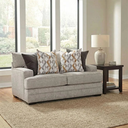 Protege Tan Contemporary Loveseat with Track Arms and Accent Pillows