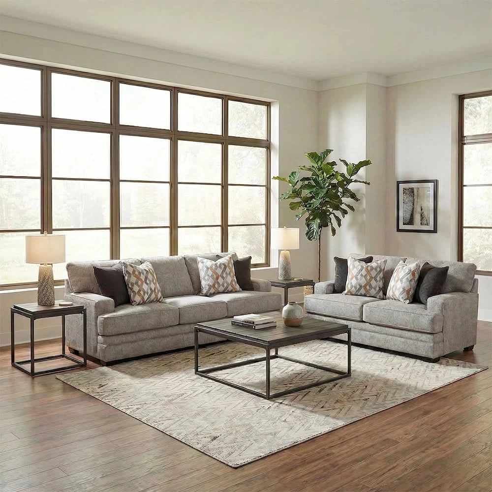 Protege Tan Contemporary Sofa with Track Arms and Accent Pillows