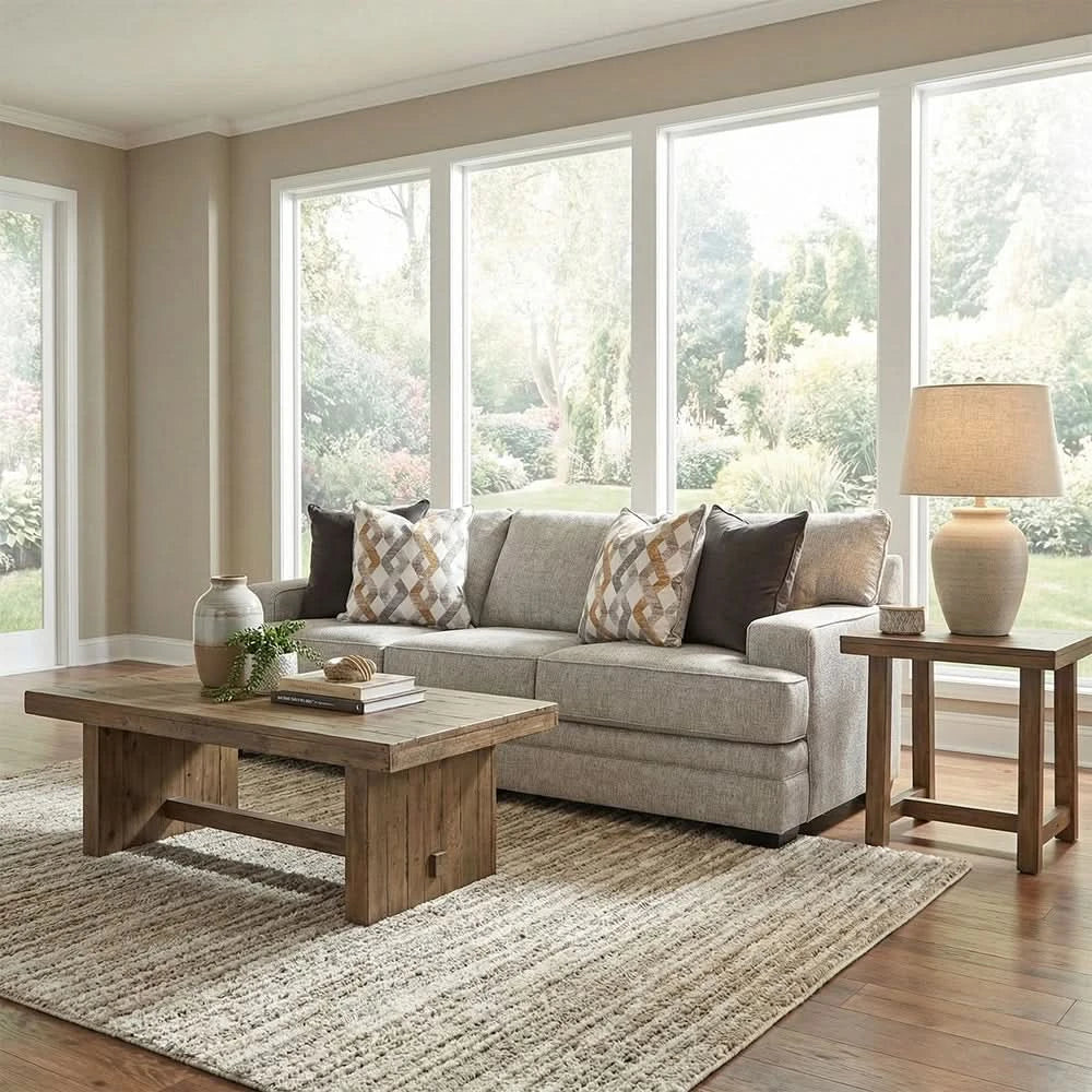 Protege Tan Contemporary Sofa with Track Arms and Accent Pillows