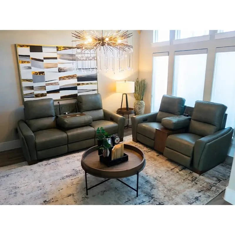 Rainforest Green Leather Modern Dual Power Reclining Living Room Set Includes Sofa and Loveseat with Dropdown table & lights