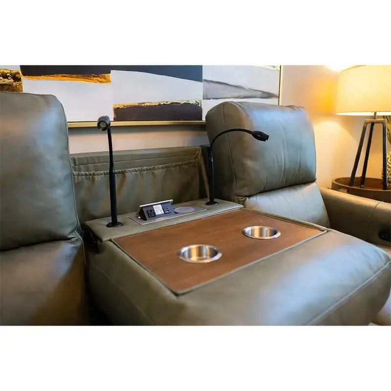 Rainforest Green Leather Modern Dual Power Reclining Living Room Set Includes Sofa and Loveseat with Dropdown table & lights