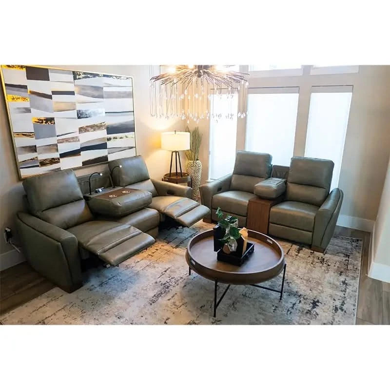 Rainforest Green Leather Modern Dual Power Reclining Living Room Set Includes Sofa and Loveseat with Dropdown table & lights