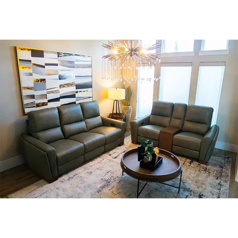 Rainforest Green Leather Modern Dual Power Reclining Living Room Set Includes Sofa and Loveseat with Dropdown table & lights