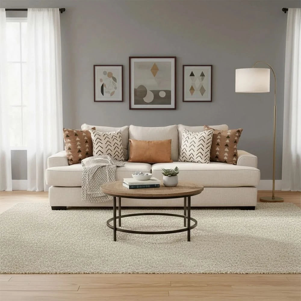 Renegade Beige Fabric Sofa with Loose Cushions and Throw Pillows