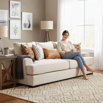 Renegade Beige Fabric Sofa with Loose Cushions and Throw Pillows