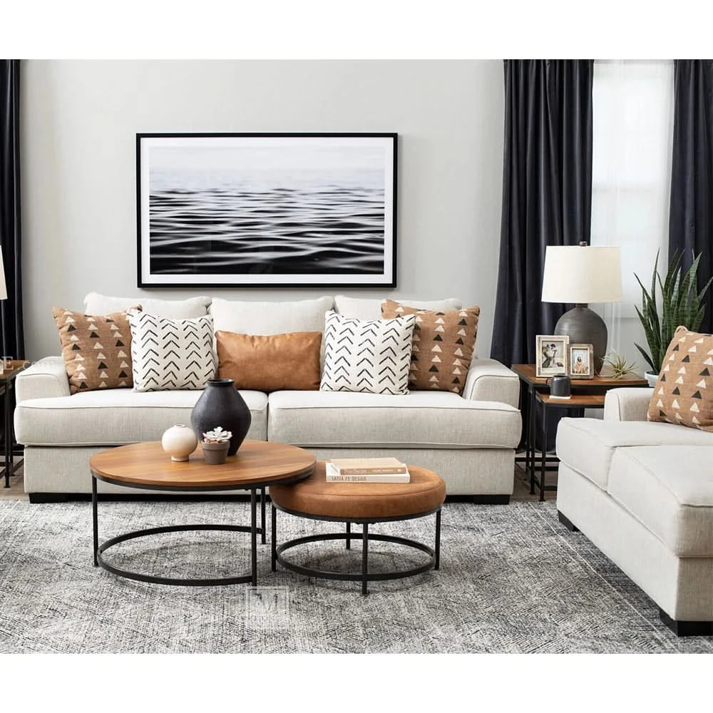 Renegade Beige Fabric Sofa with Loose Cushions and Throw Pillows