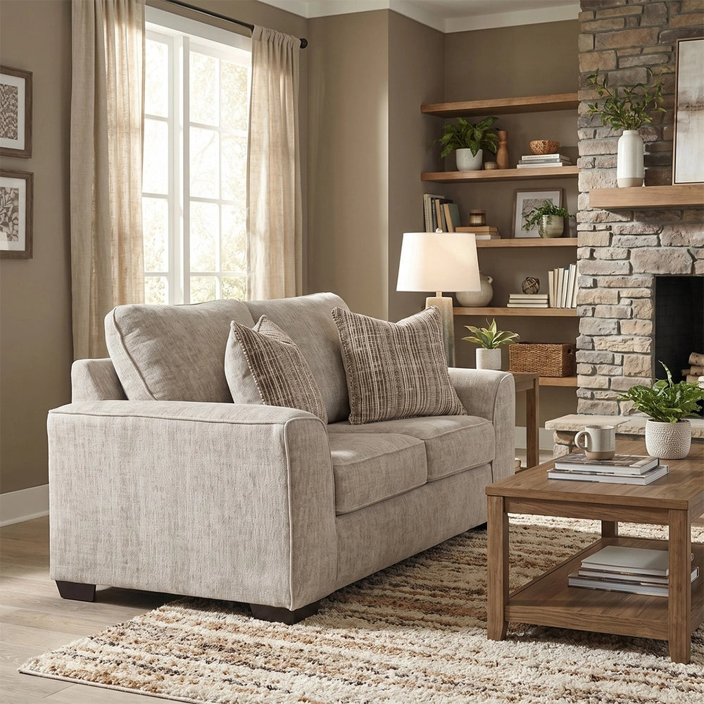 Ritz Taupe Contemporary Loveseat with Accent Pillows