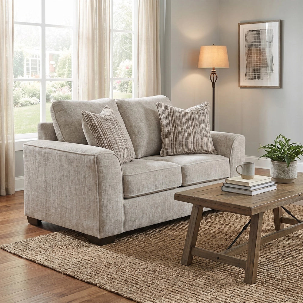 Ritz Taupe Contemporary Loveseat with Accent Pillows