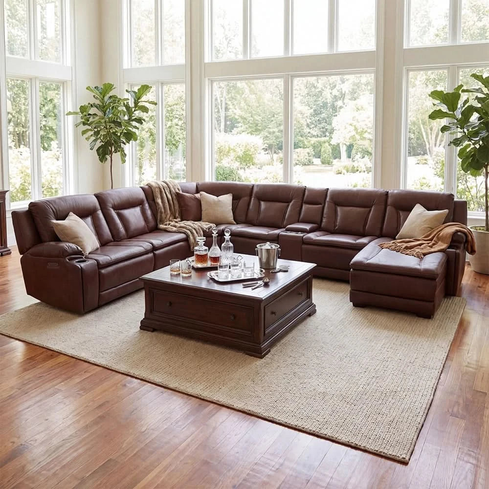 Soho Café Leather Contemporary 7-Piece Zero Gravity Power Reclining Sectional with Power Headrests