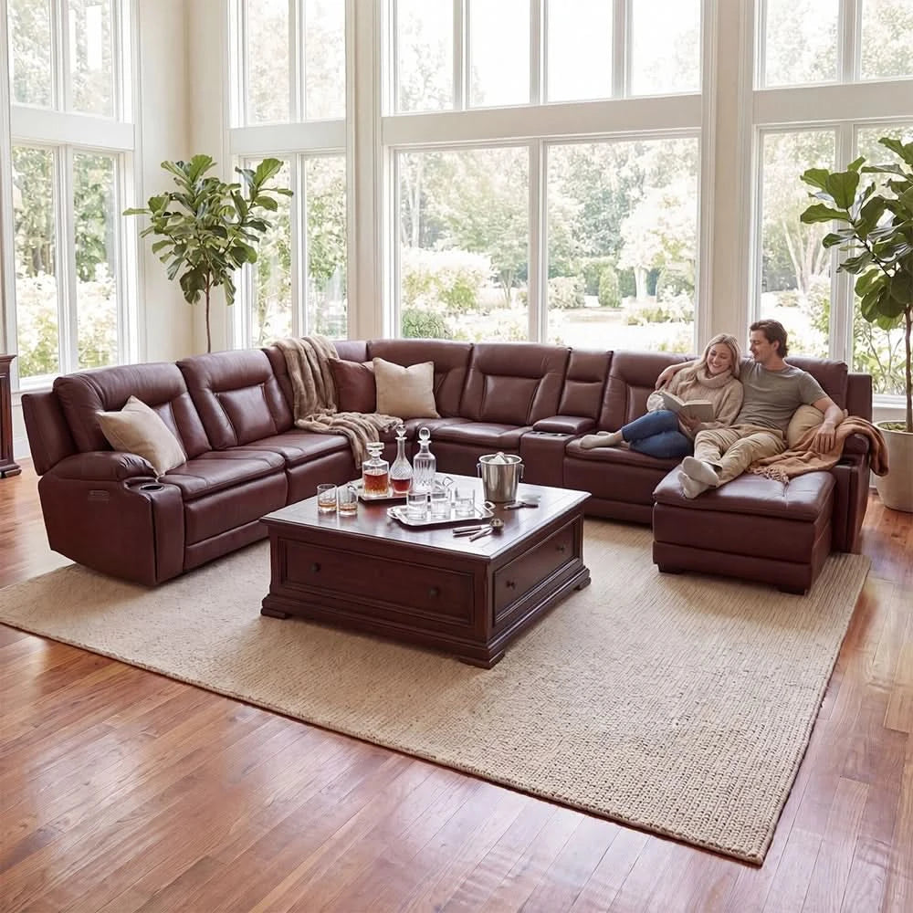 Soho Café Leather Contemporary 7-Piece Zero Gravity Power Reclining Sectional with Power Headrests