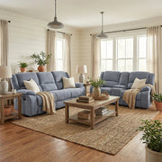 Spencer Cadel Blue Reclining Sofa and Loveseat Set with Cupholders