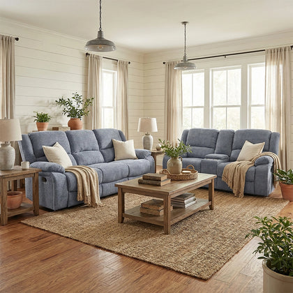 Spencer Cadel Blue Reclining Sofa and Loveseat Set with Cupholders
