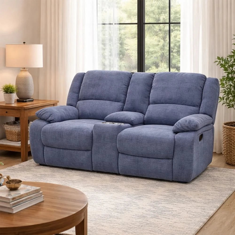 Spencer Cadel Blue Reclining Sofa and Loveseat Set with Cupholders