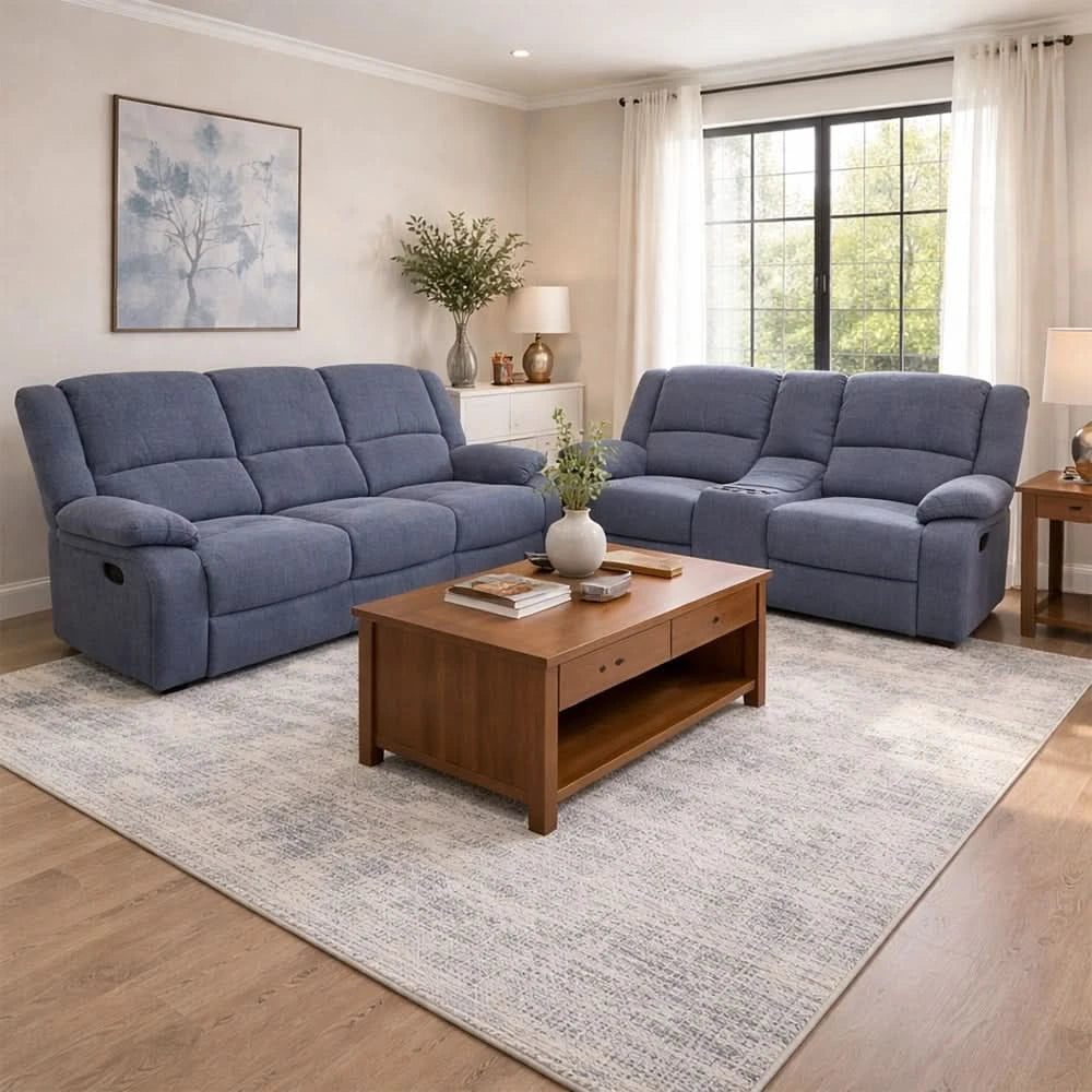 Spencer Cadel Blue Reclining Sofa and Loveseat Set with Cupholders