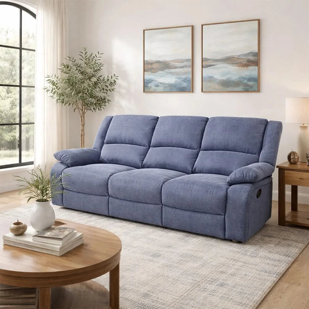 Spencer Cadel Blue Reclining Sofa and Loveseat Set with Cupholders