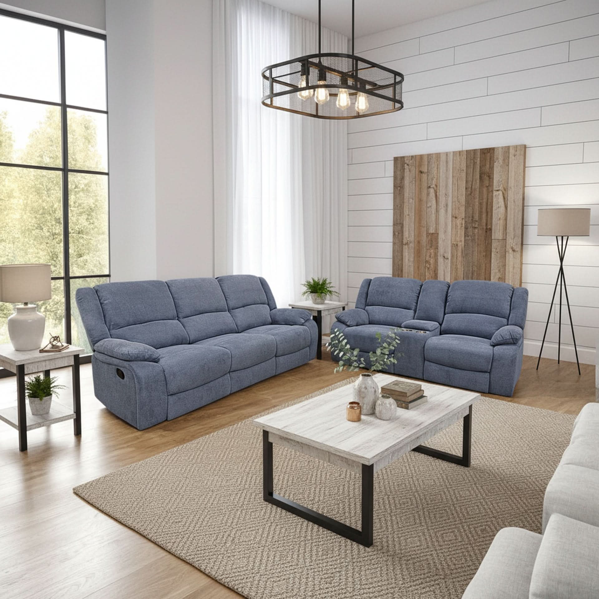 Spencer Cadel Blue Reclining Sofa with Pillow Top Arms