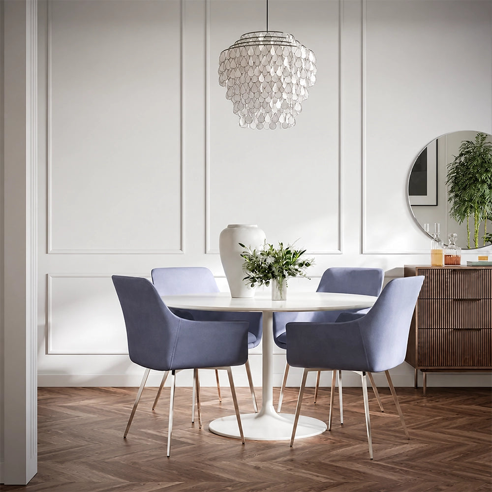 Stellar White Marble 5-Piece 54-Inch Round Dining Set with 4 Blue Chairs