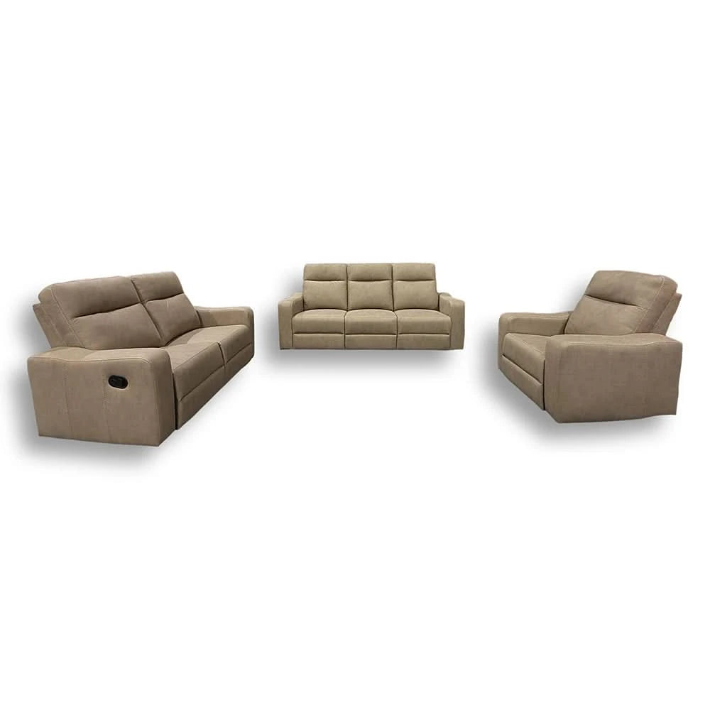 Room Package - Sting Beige Reclining Sofa and Loveseat Living Room Package with Round Coffee Table Set & Rug