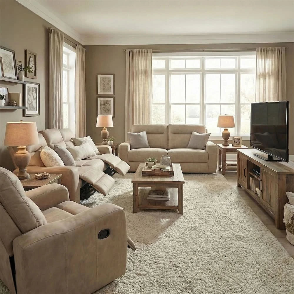 Room Package - Sting Beige Reclining Sofa and Loveseat Living Room Package with Round Coffee Table Set & Rug