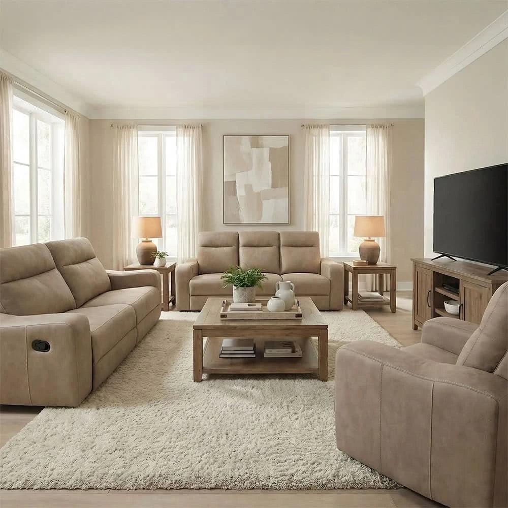 Room Package - Sting Beige Reclining Sofa and Loveseat Living Room Package with Round Coffee Table Set & Rug