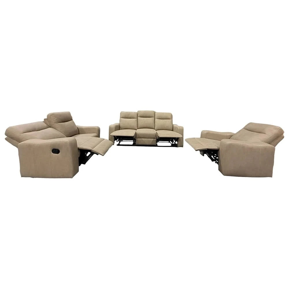 Room Package - Sting Beige Reclining Sofa and Loveseat Living Room Package with Round Coffee Table Set & Rug