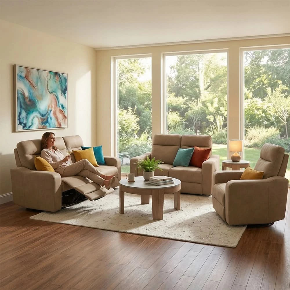 Room Package - Sting Beige Reclining Sofa and Loveseat Living Room Package with Round Coffee Table Set & Rug