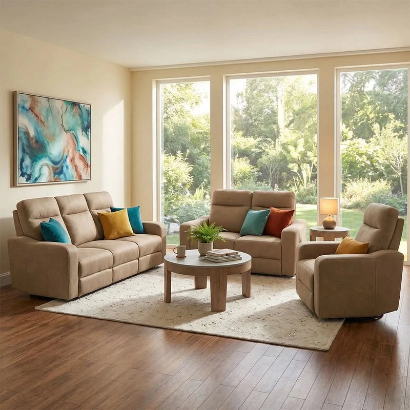 Sting Beige Manual Reclining Sofa and Loveseat Living Room Set