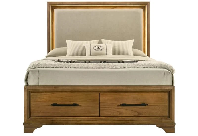 Talcott Honey Wood Platform Storage Bed with Lighted Upholstered Headboard (Queen or King)