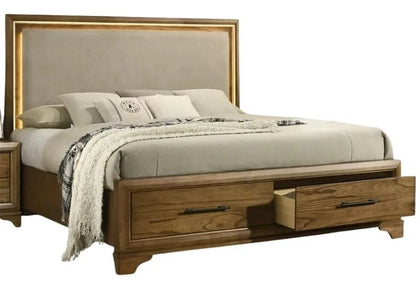Talcott Honey Wood Platform Storage Bed with Lighted Upholstered Headboard (Queen or King)
