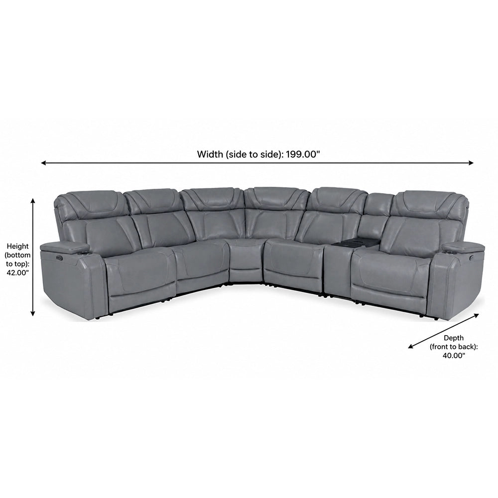 Tango Grey Leather 6-Piece Power Reclining Sectional with Wireless Charging and Cup Holders