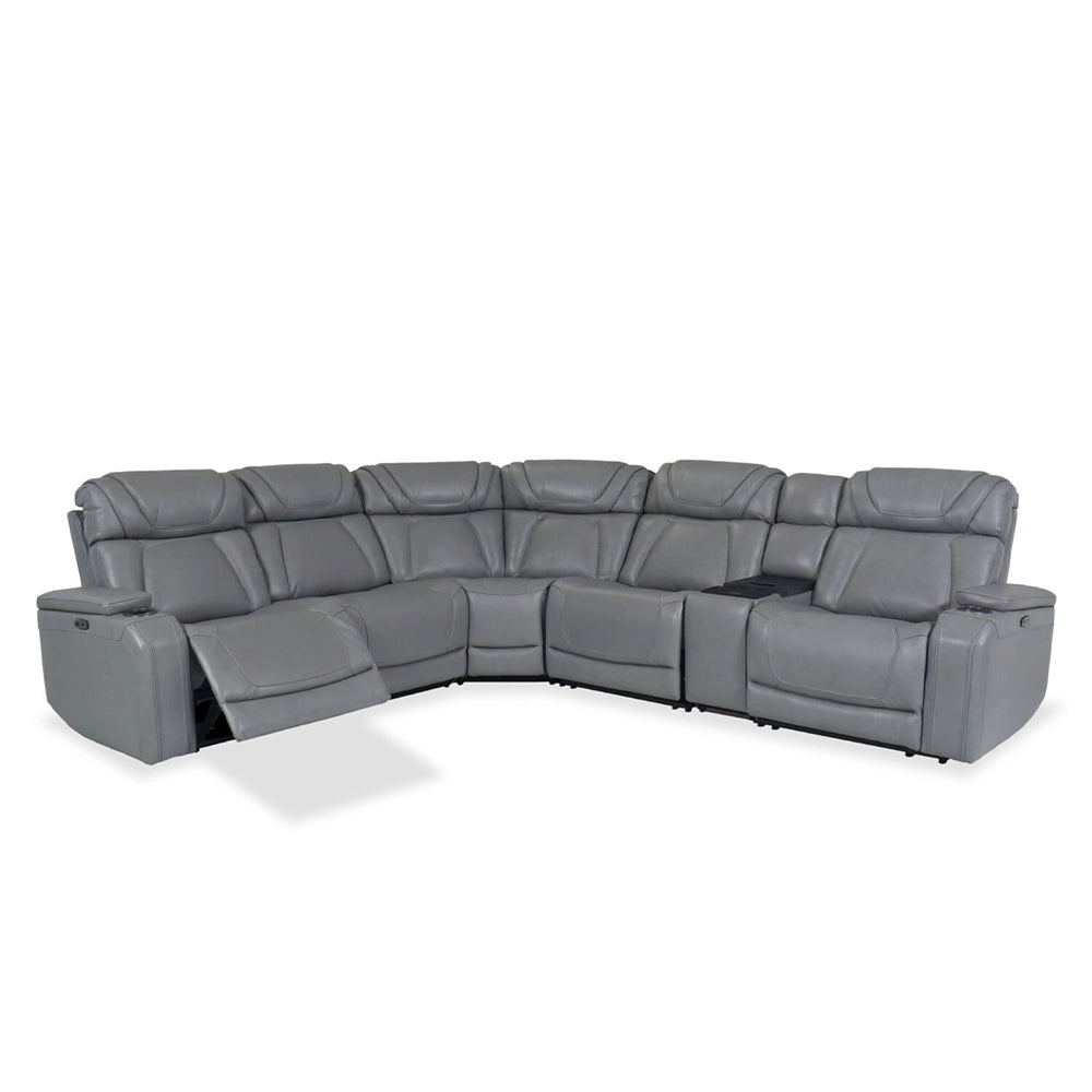 Tango Grey Leather 6-Piece Power Reclining Sectional with Wireless Charging and Cup Holders