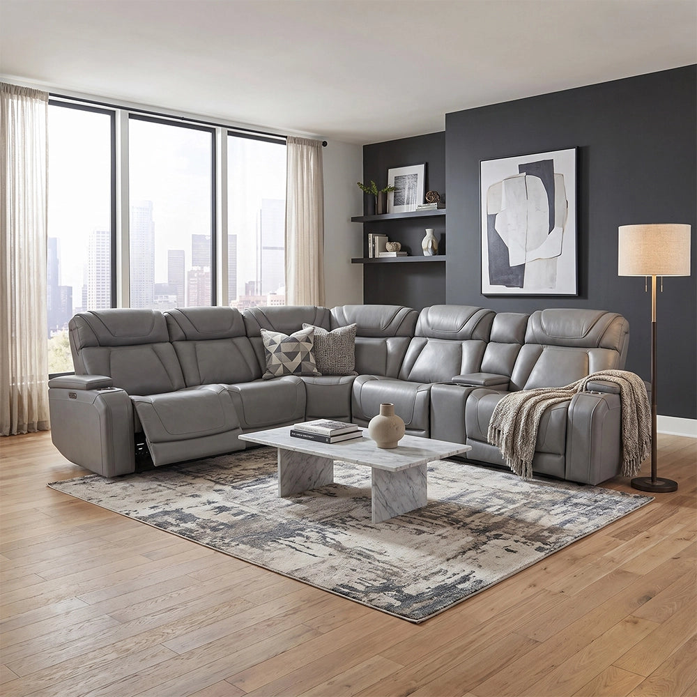 Tango Grey Leather 6-Piece Power Reclining Sectional with Wireless Charging and Cup Holders
