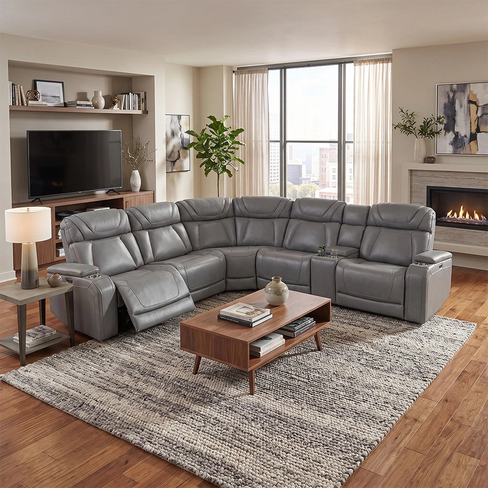 Tango Grey Leather 6-Piece Power Reclining Sectional with Wireless Charging and Cup Holders