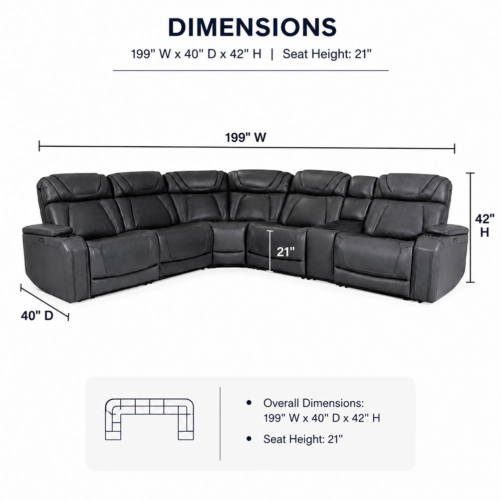 Tango Grey Leather 6-Piece Power Reclining Sectional with Wireless Charging and Cup Holders