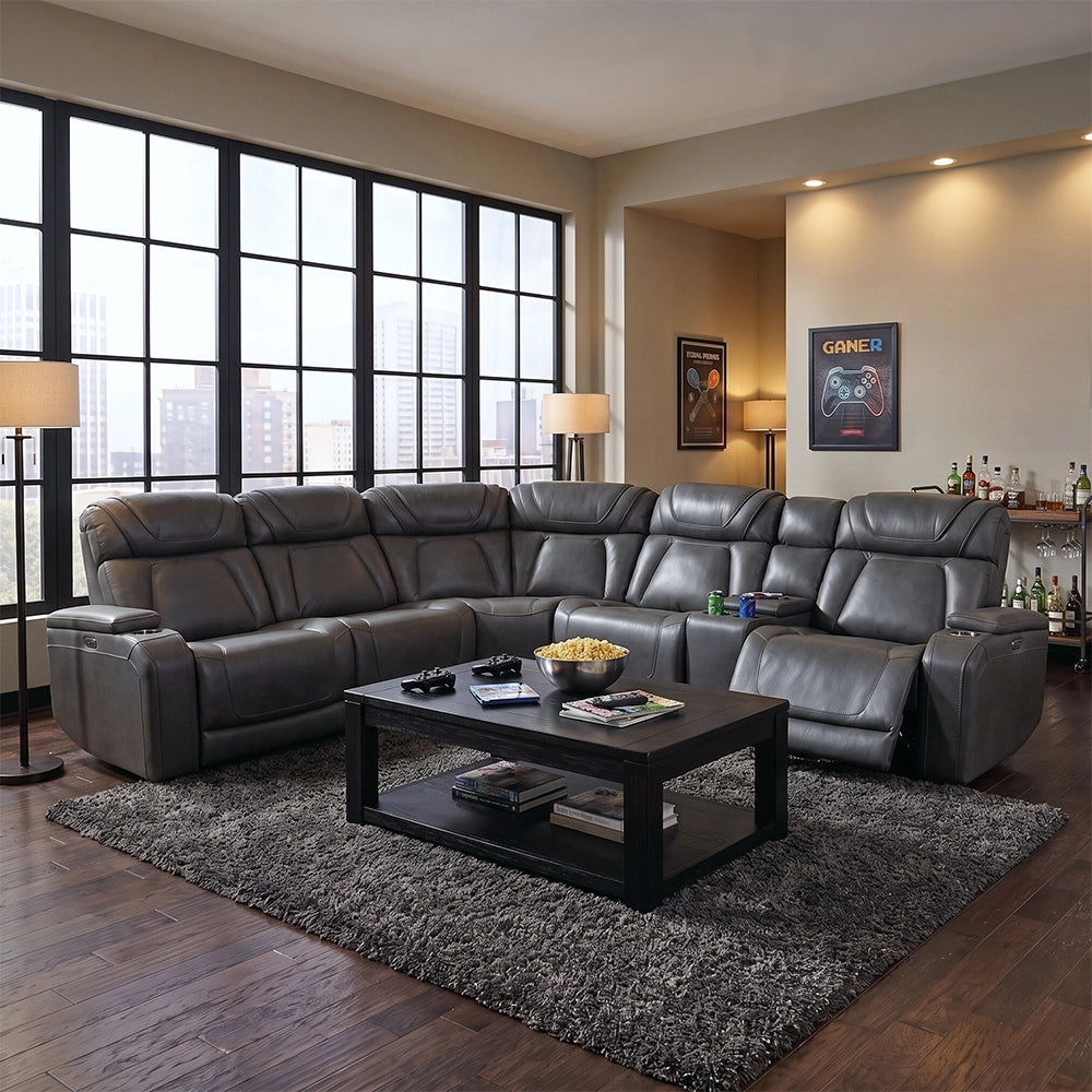 Tango Grey Leather 6-Piece Power Reclining Sectional with Wireless Charging and Cup Holders