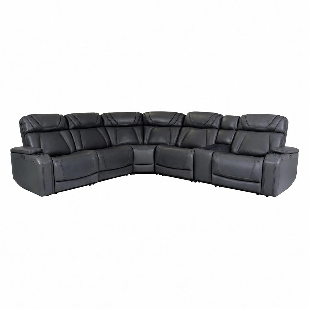 Tango Grey Leather 6-Piece Power Reclining Sectional with Wireless Charging and Cup Holders