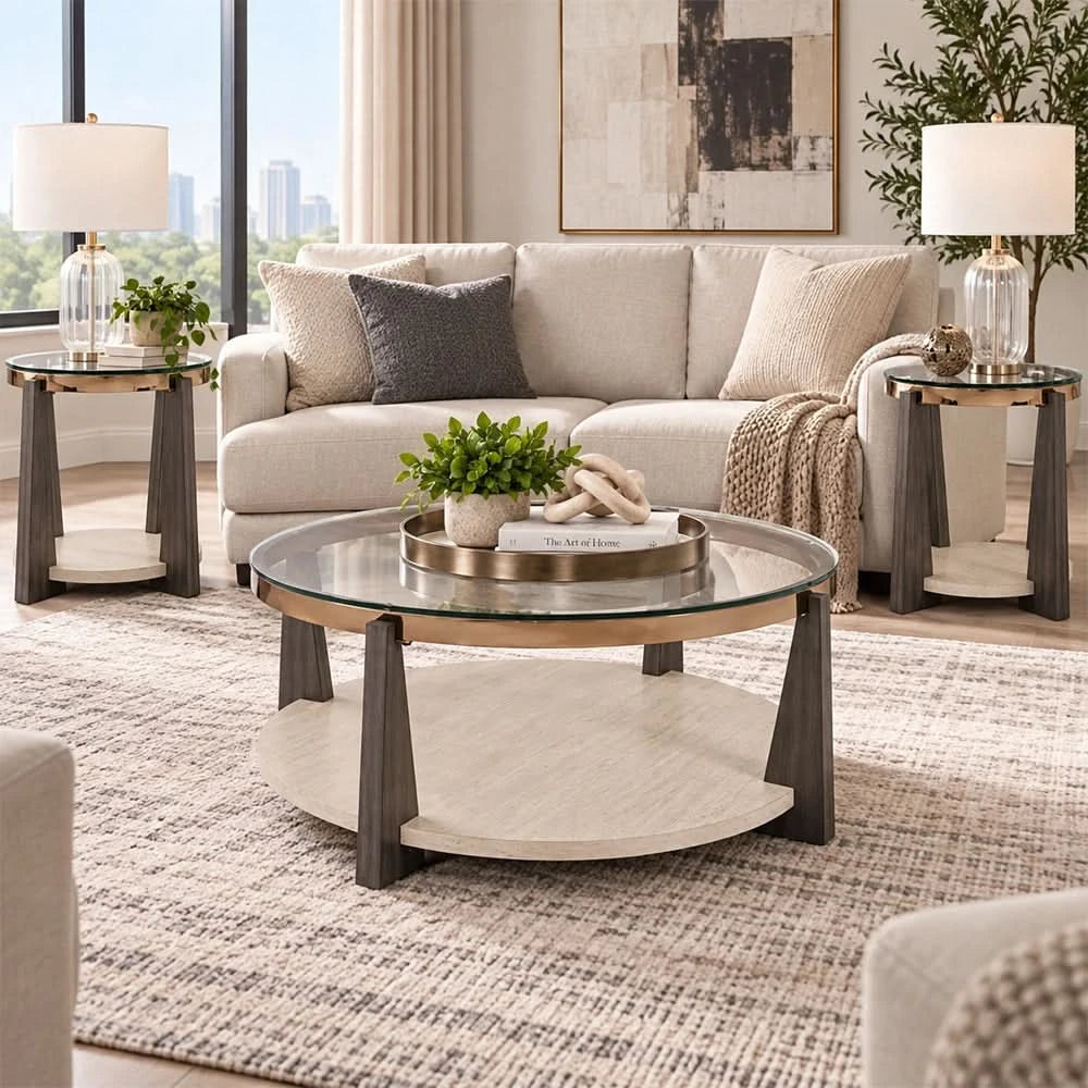 Taylor Round Glass End Table with Faux Travertine Shelf and Goldtone Frame