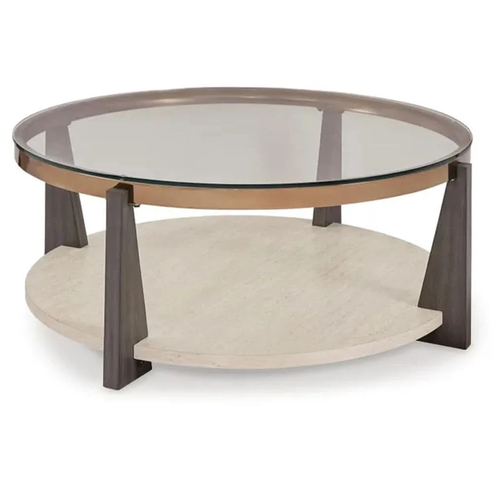 Room Package - Dalton Ivory Modern Living Room Package with 3-Piece Round Glass Occasional Table Set & Rug