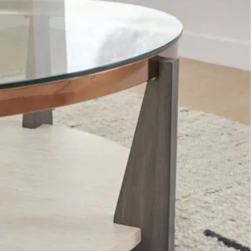Room Package - Dalton Ivory Modern Living Room Package with 3-Piece Round Glass Occasional Table Set & Rug