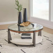 Taylor Round Glass Cocktail Table with Faux Travertine Shelf and Goldtone Frame