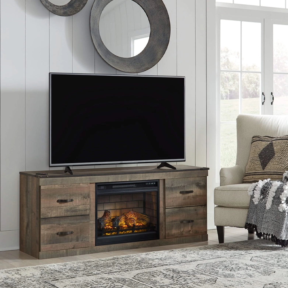 Trinell Dark Brown Rustic 60" TV Stand with Optional Electric Fireplace